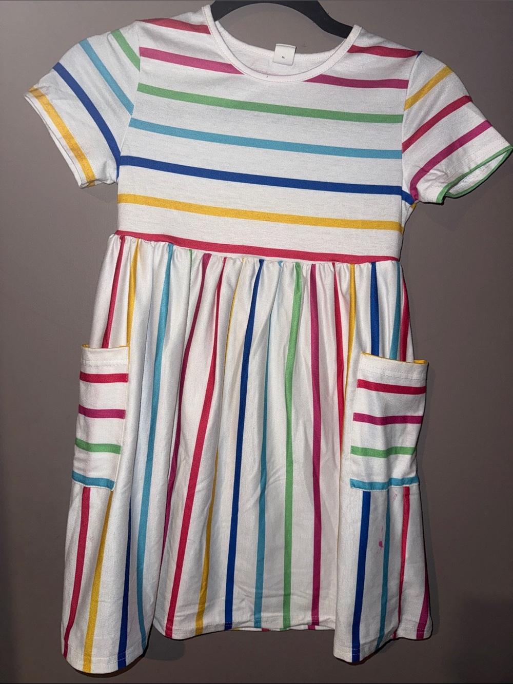 Girls' White Multi-Color Stripe Pocket Dress